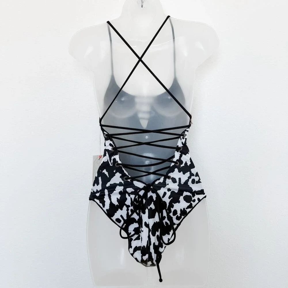 Maaji Reversible One Piece Swimsuit Medium Black White Cow Print Western Coastal